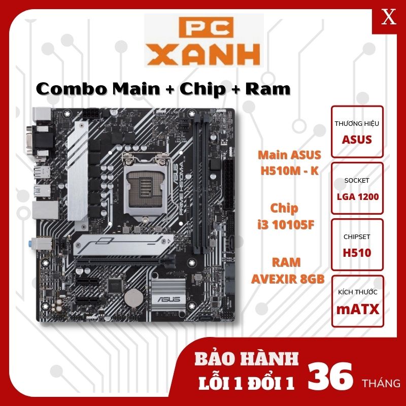 Combo Main + Chip + Ram(Asus H510M-K + i3 10105F + Avexir or Lexar 8gb 2666) new full hộp - Cam kết bảo hành 36 tháng