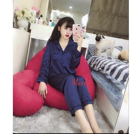 Bộ Pijama lụa mặc nhà viền bèo dài tay