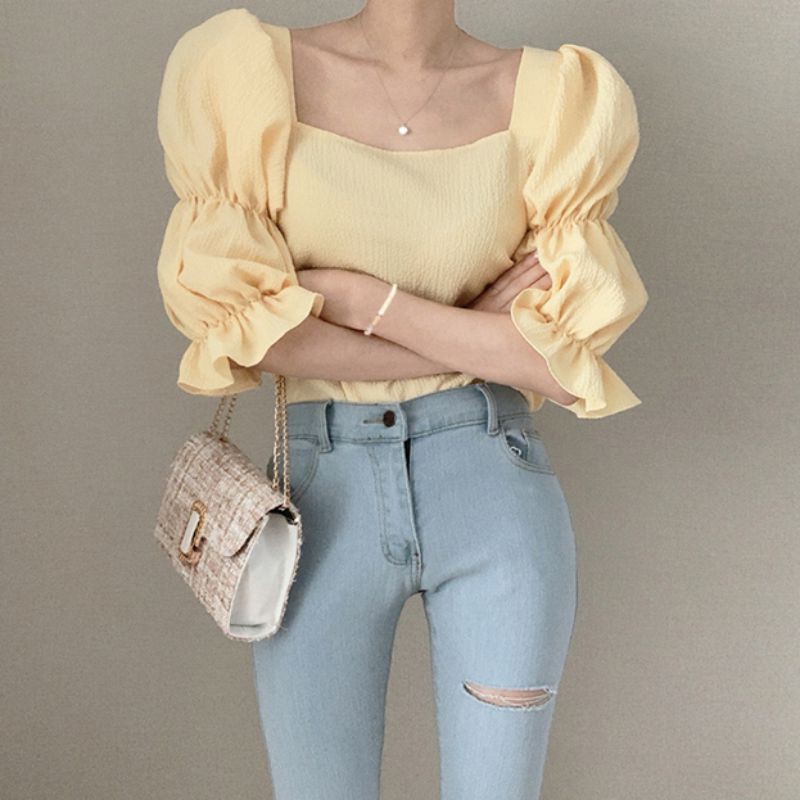 Áo Kiểu Chiffon Tay Phồng Cổ Vuông Phong Cách Retro Nữ Tính Ngọt Ngào