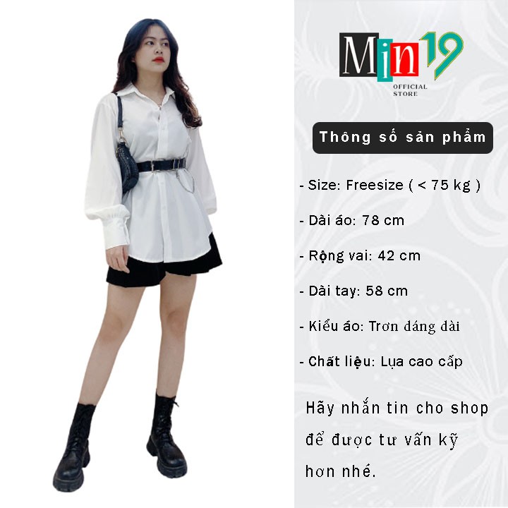Áo sơ mi nữ công sở Hàn Quốc tay phồng dáng dài sang chảnh họa tiết trơn kiểu form rộng bigsize màu trắng thời trang