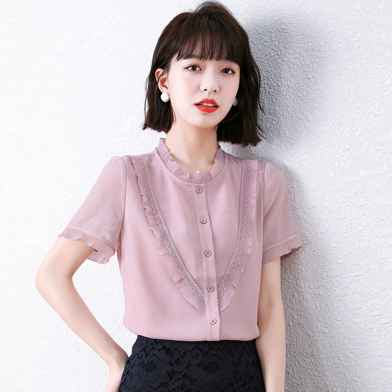 2021Summer New Chiffon Fungus Stitching Short Sleeve Shirt Top Female Fashion