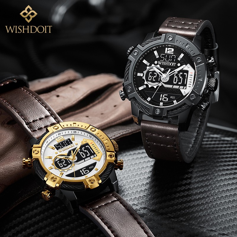 【Official product】WISHDOIT Men's Multifunction  Chronograph Dual display watch Europe and America Tough guy style Industrial style Sport swimming Quartz watches Calendar Luminous function Casual watch Personalized fashion trend watches