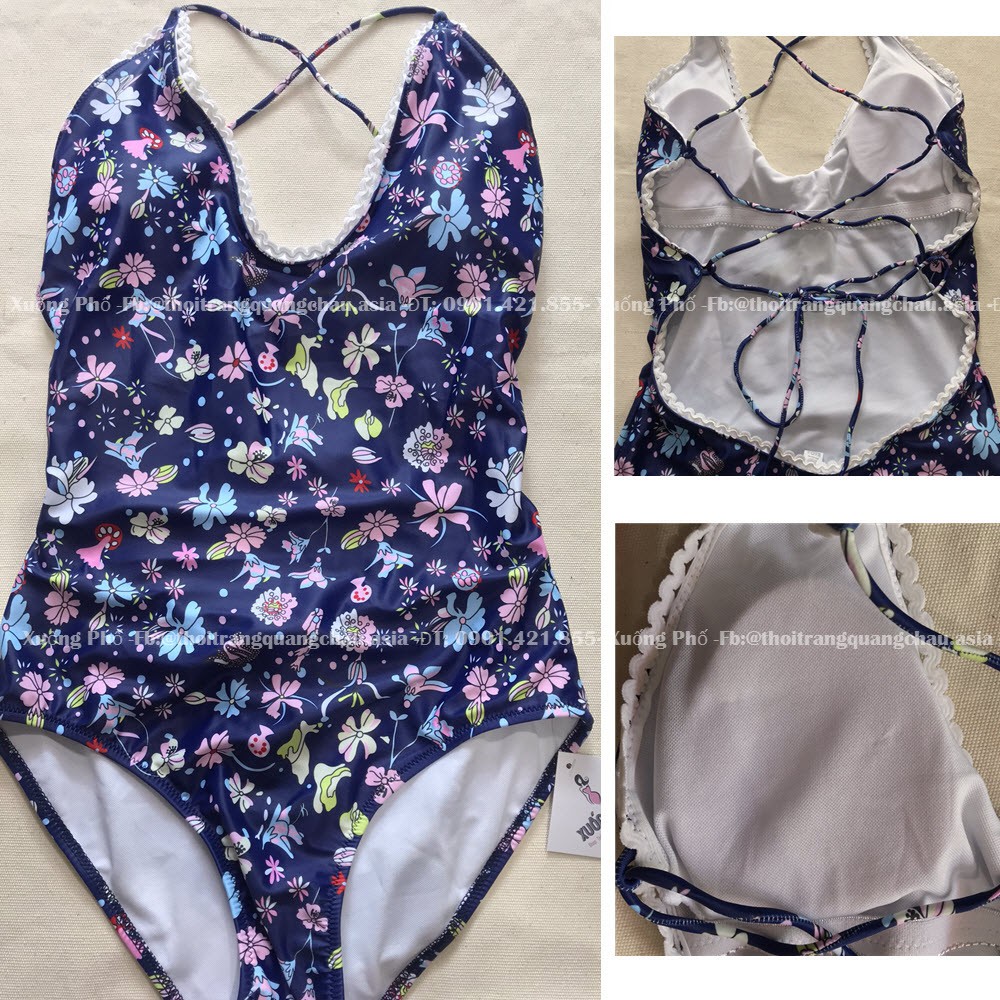 [Hàng nhập-Sang trọng] Bikini Hoa liền thân Cạp cao che bụng Xanh côban # A19079
