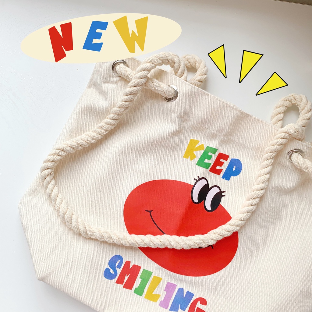 (TẶNG KÈM DEAL SHOCK ECOBAG 31K ) TÚI TOTE VẢI CANVAS QUAI DÂY THỪNG CÓ IN HÌNH KEEP SMILING