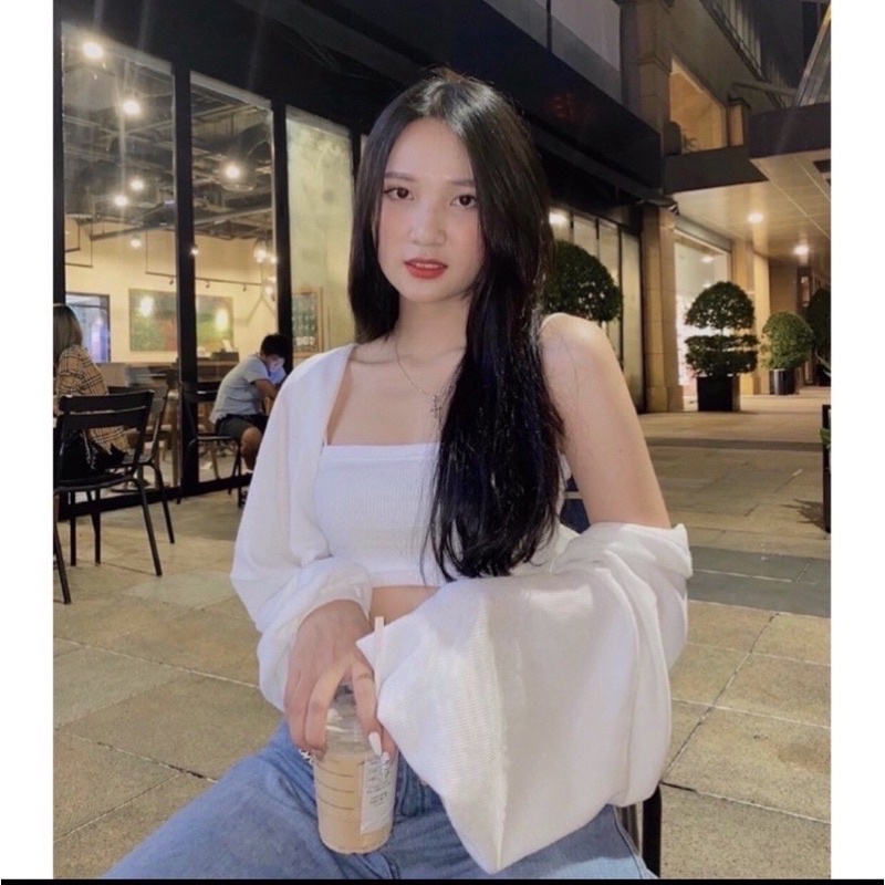 Set áo quây tăm kèm áo tay bồng trắng ulzzang