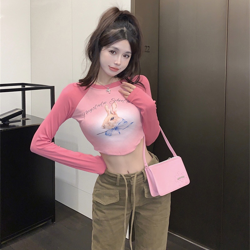 Áo Thun Tay Dài Cổ Tròn In Họa Tiết Dễ Thương