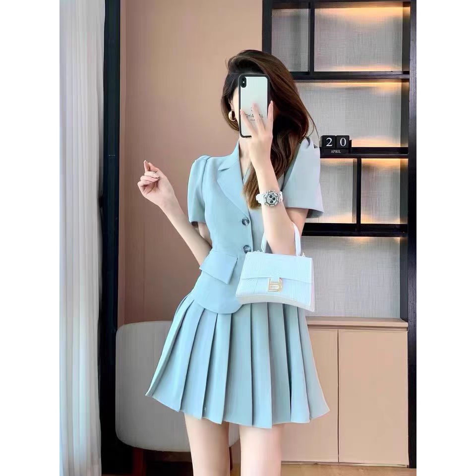 Set Áo Váy Xếp Li Màu Trơn Thời Trang Mùa Hè 2022 Mới