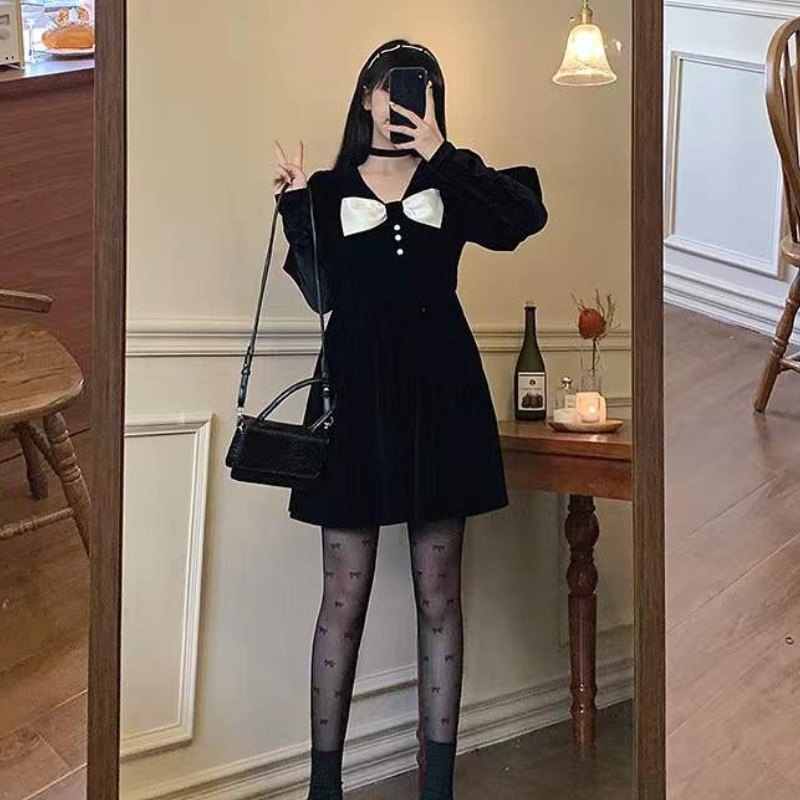 Đầm Nhung Dự Tiệc Phối Nơ Phong Cách Hàn Quốc Mới