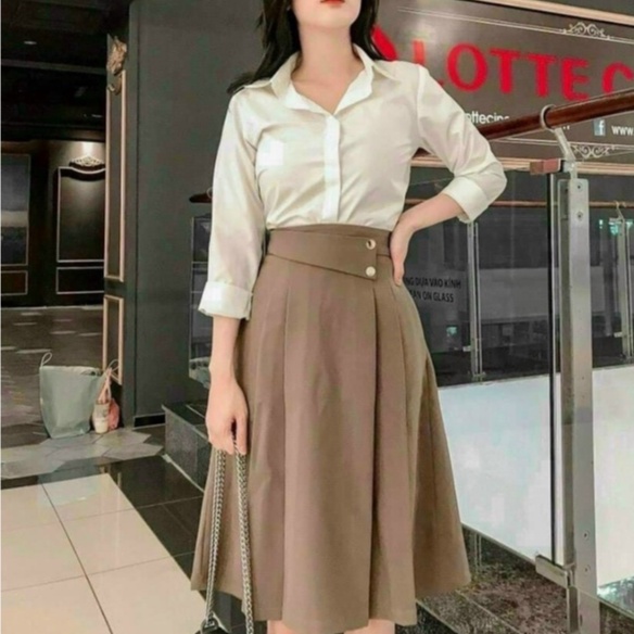 Chân váy dáng dài qua gối phối 2 cúc, chân váy xếp ly công sở