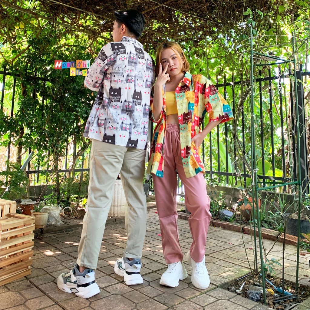 Áo Sơ Mi Họa Tiết Con Mèo May Mắn Tay Lỡ Dáng Rộng Ulzzang Unisex, Sơ Mi Đi Biển - MM
