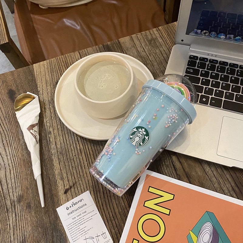 Cốc Starbuck hai lớp hoạ tiết cầu vồng xinh xắn
