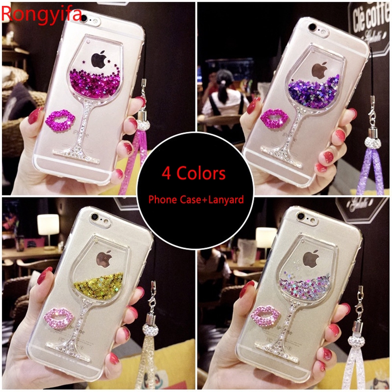 Bling Glitter Phone Case For Samsung Galaxy S20 Ultra S10 S9 S8 Plus S10e S7 Edge Case QuickSand Back TPU Case With Hang Rope Wine Glass Liquid Sand Clear Soft Cover