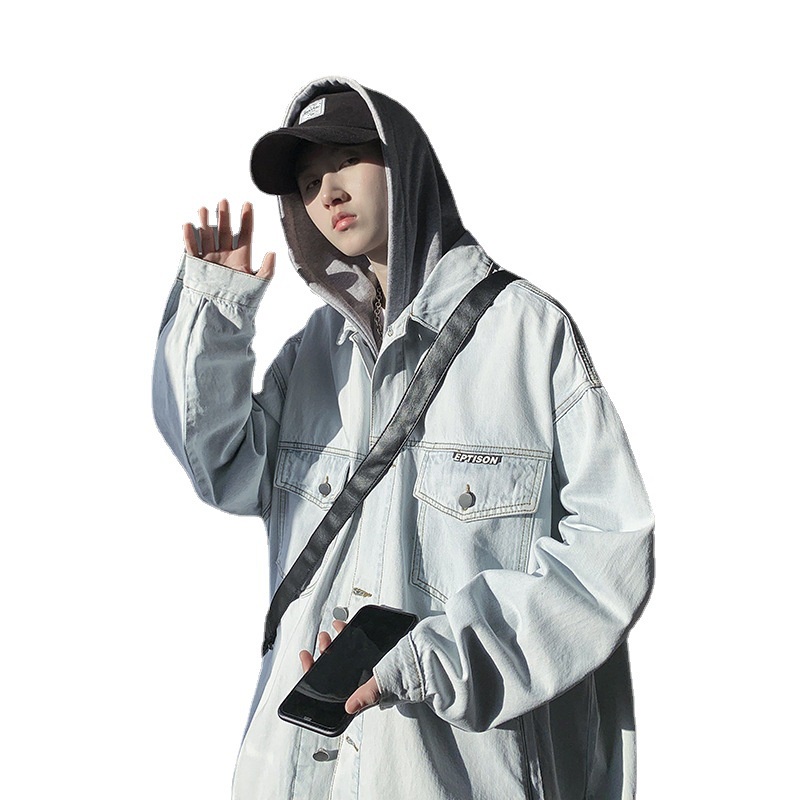 Áo Khoác Denim Có Mũ Trùm Dáng Rộng Phong Cách Hàn Quốc Harajuku Mùa Hè Cho Nam TF1