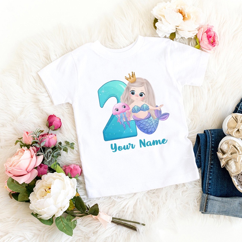 ✨Thêm tên miễn phí✨ Cô Gái Nàng Tiên Cá Sinh Nhật Hoạt Hình Áo Cho Bé Gái Số 1 2 3 4 5 6 7 Nàng Tiên Cá Trẻ Em Sinh Nhật Áo Thun