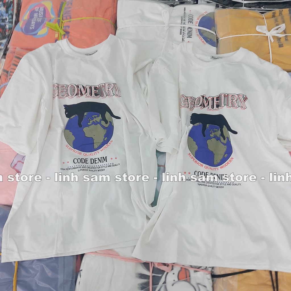 Áo thun tay lỡ nữ freesize phông form rộng dáng Unisex, mặc lớp, nhóm, cặp in hình MÈO ĐỊA CẦU GEOMETRY màu trắng | BigBuy360 - bigbuy360.vn
