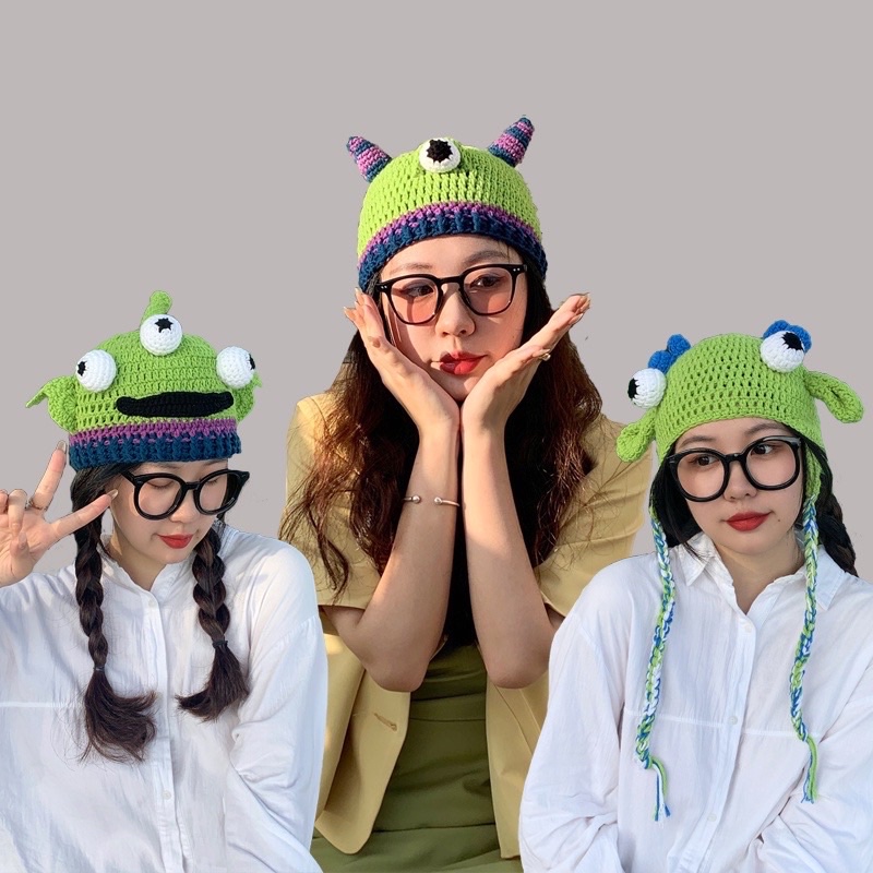 Mũ Len In Hình Quái Vật Hoạt Hình Vui Nhộn Thời Trang Thu Đông Cho Nữ