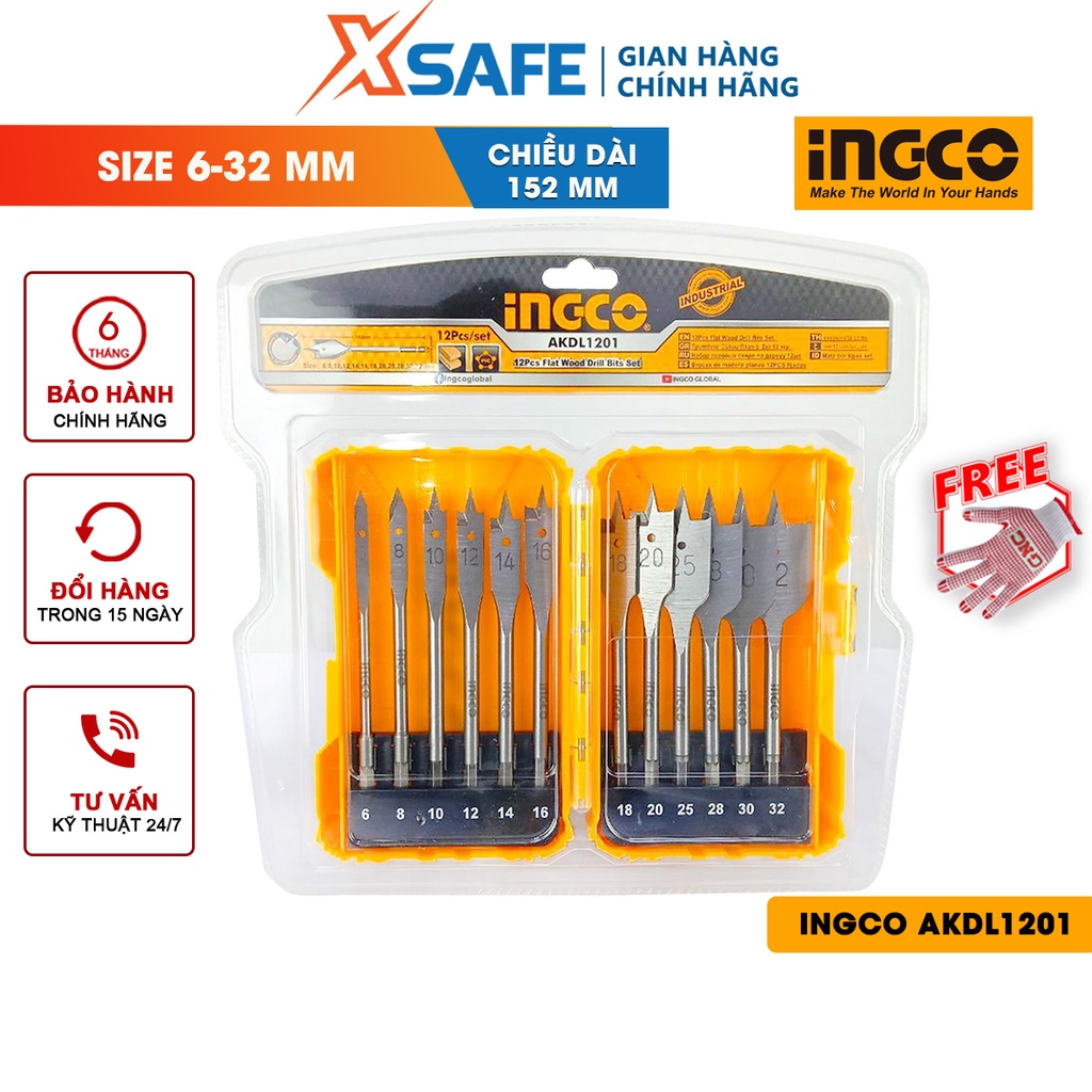 Bộ 12 mũi khoan gỗ đầu dẹp INGCO AKDL1201 đầu lục giác 1/4&quot;, chiều dài 152mm - chính hãng
