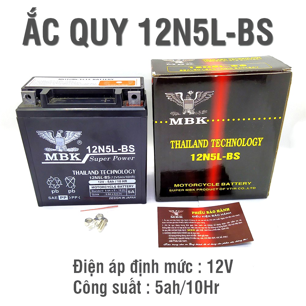 Bình ắc quy khô xe máy THAILAND mã 12N5L-BS,kích thước 120x60x125mm, bảo hành 12 tháng