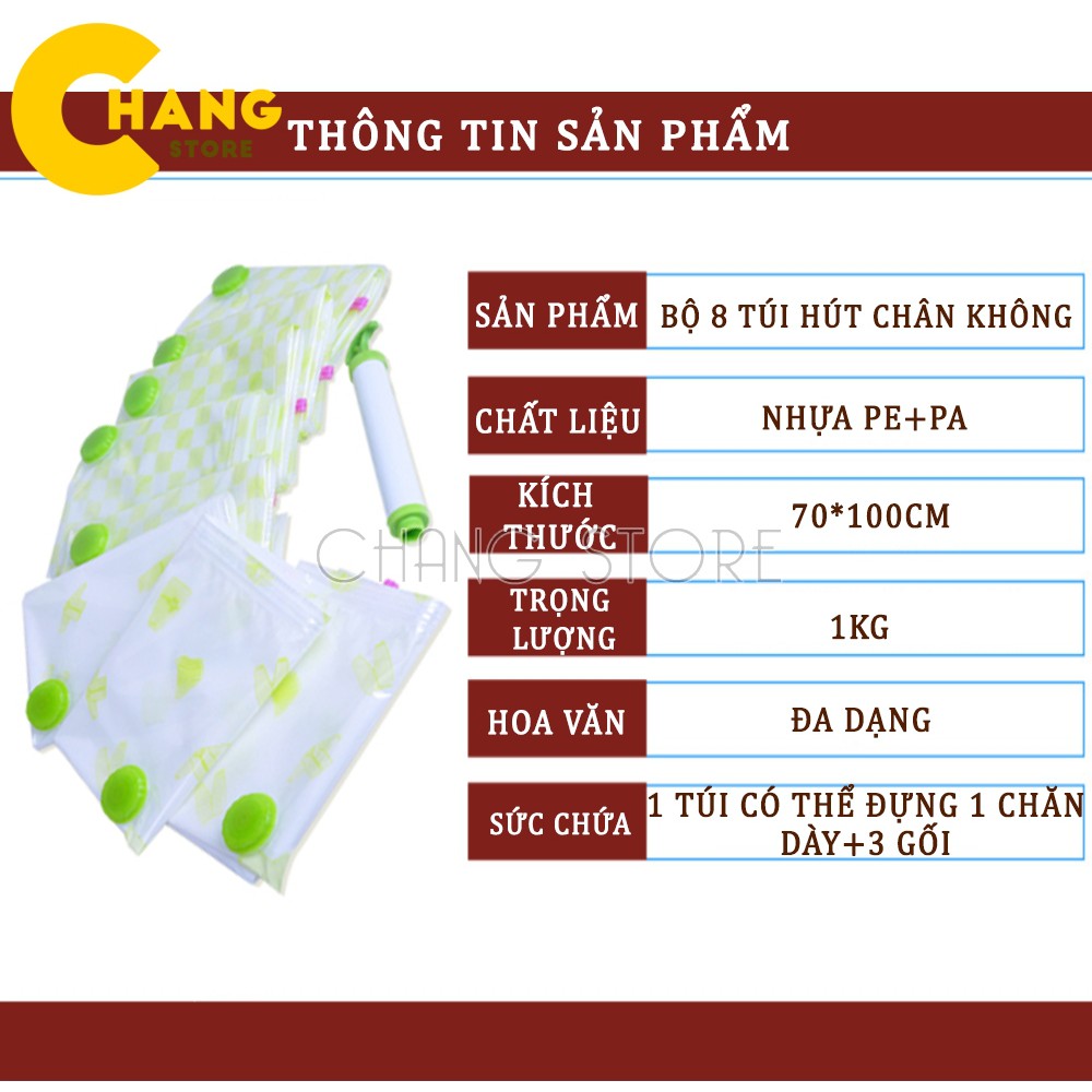 Bộ 8 Túi Hút Chân Không Đựng Quần Áo, Chăn Màn Kèm Bơm Cao Cấp