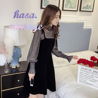 [Sẵn S +L đen]🌿Đầm nhung 2 dây xòe phối áo voan kim tuyến ulzzang (nhiều màu)