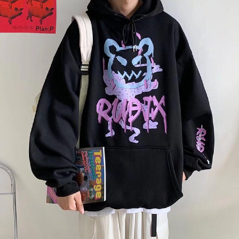 Áo hoodie dáng rộng in họa tiết hoạt hình phong cách hip hop dành cho nam size M-5XL