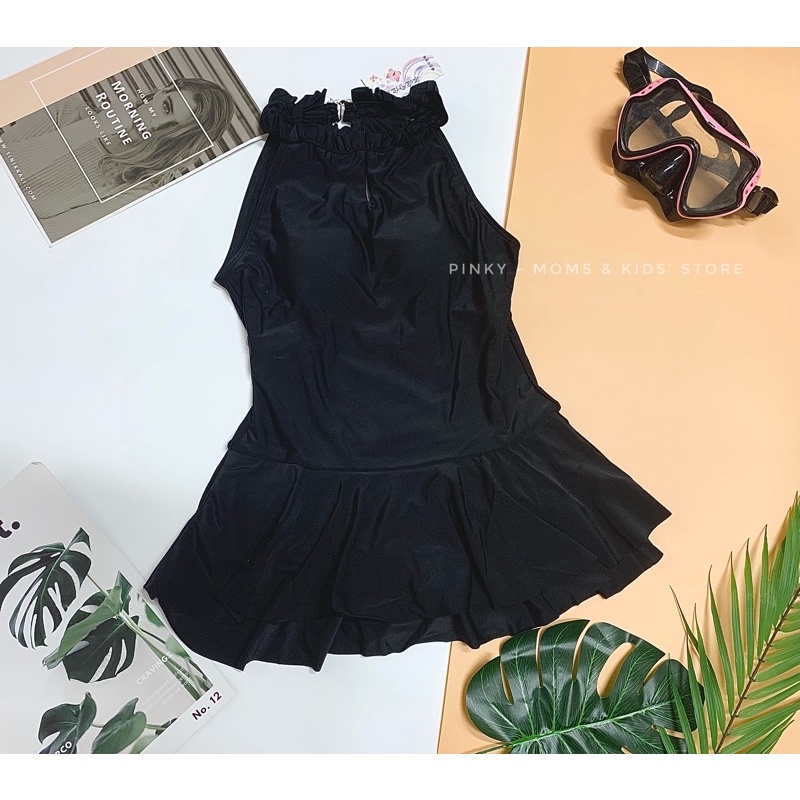 Đồ bơi nữ dáng váy, áo tắm cổ yếm dáng đầm màu đen, size từ 38-68kg