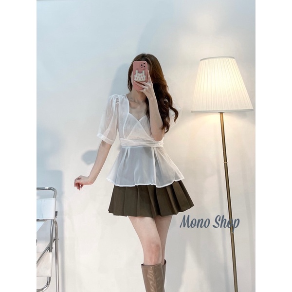 Áo voan lụa peplum 2 màu trắng nude tay phồng chất mịn Ảnh thật/ sẵn