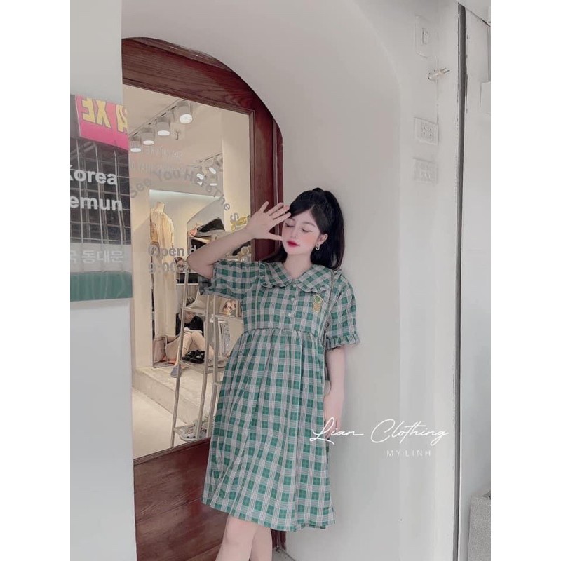 VÁY BABYDOLL KẺ XANH CỔ BÈO THÊU DỨA | BigBuy360 - bigbuy360.vn