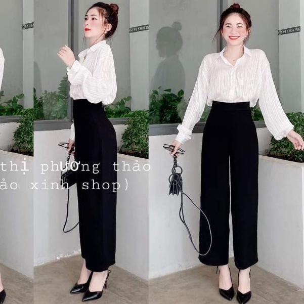 Quần ống rộng lưng cao khóa sườn dáng dài vải tuyết mưa trắng đen be