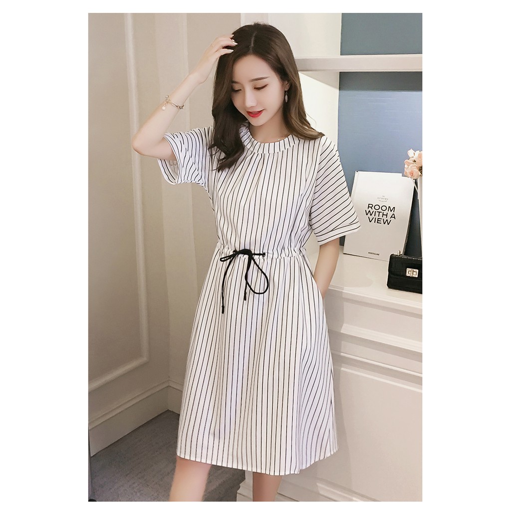 Đầm (Váy) Bầu Thắt Eo Kẻ Sọc-Trắng
