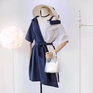 Đầm váy xanh đen mix sọc lệch vai