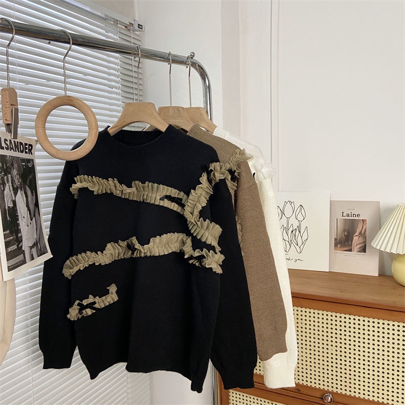 Áo sweater Dệt Kim Ngắn Cổ Tròn Dáng Rộng Phối Nơ Ren Thời Trang Thu Đông Phong Cách Phương Tây Mới Cho Nữ