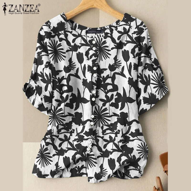 Áo sơ mi ZANZEA tay lửng cổ tròn in họa tiết hoa phong cách retro dành cho nữ