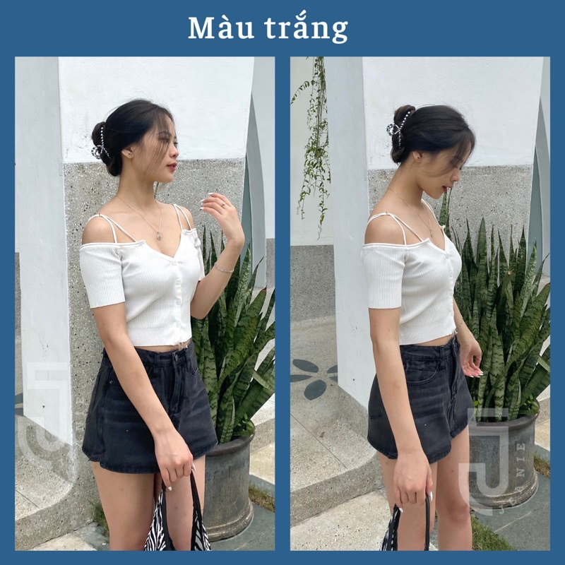 Áo croptop tay ngắn nữ JEANIE áo 2 dây hở vai chất len tăm ôm body gợi cảm