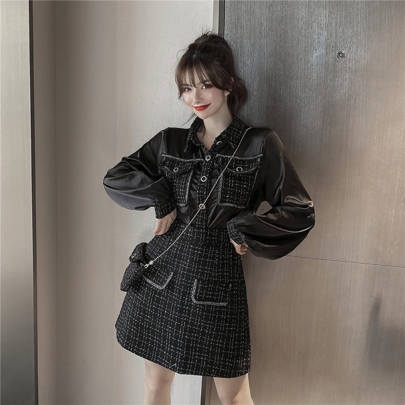Set áo sơ mi chân váy dạ QC