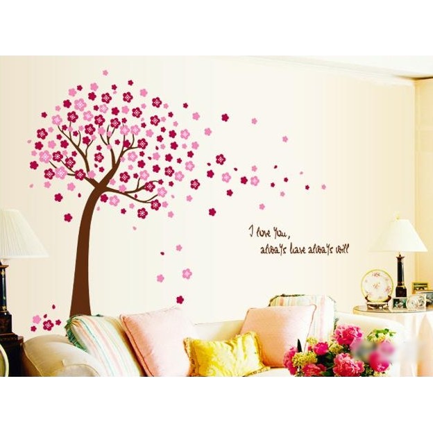 Decal hình cây hoa anh đào hồng và xanh