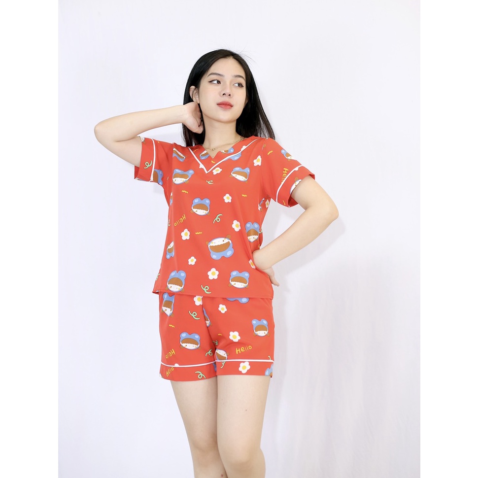Bộ đồ bộ Pijama màu ĐỎ HELLO CỔ TIM tay ngắn quần ngắn vải lụa cao cấp  - Thoải Mái Nhẹ Nhàng