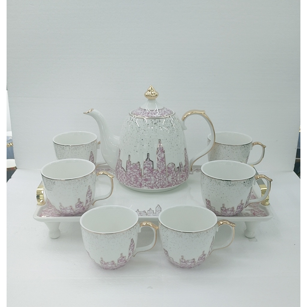 Bộ bình trà  kèm khay, ấm bầu trắng pha tím- màu trắng pha xanh dương viền vàng cao cấp