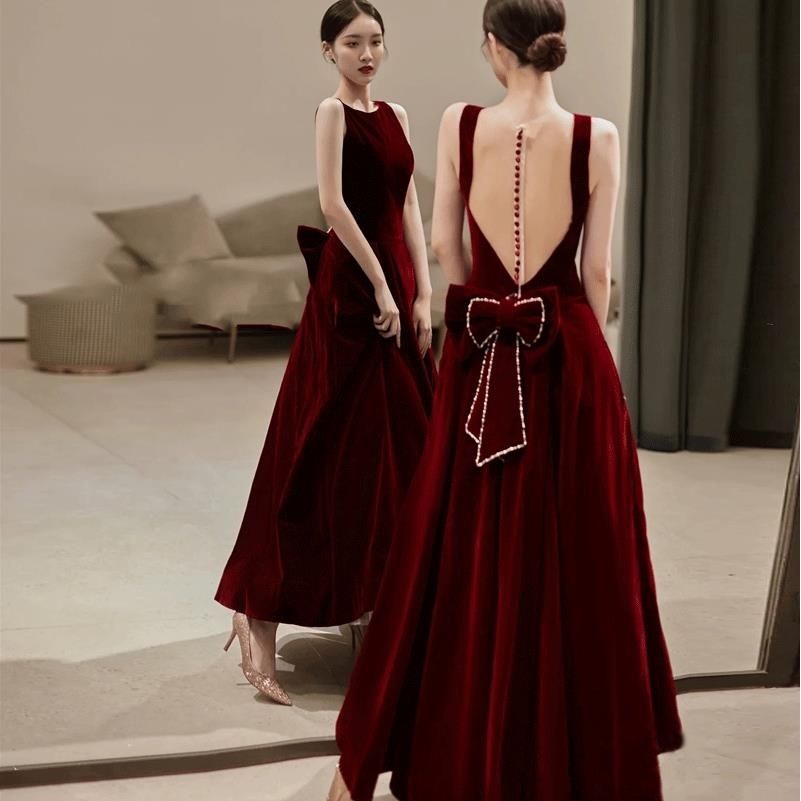 < Đầm Cưới Dự Tiệc Tối Cao Cấp Phong Cách Mới 2023 Màu Đỏ Rượu Vang Đính Nơ Cho Nữ