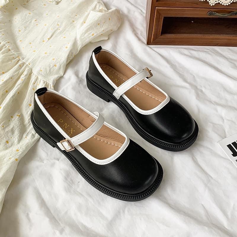 Giày Búp Bê Nữ Lolita Da Mềm Phối Viền Phong Cách Thời Trang Hiện Đại