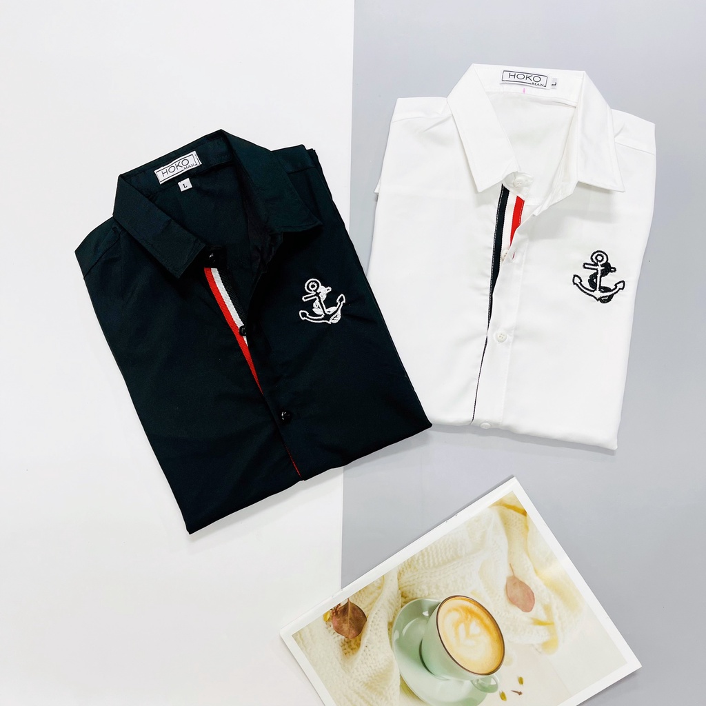 Áo Sơ Mi Nam Tay Ngắn Phối Sọc Thêu Hình Mũi Tên HÌNH THẬT, CÓ VIDEO