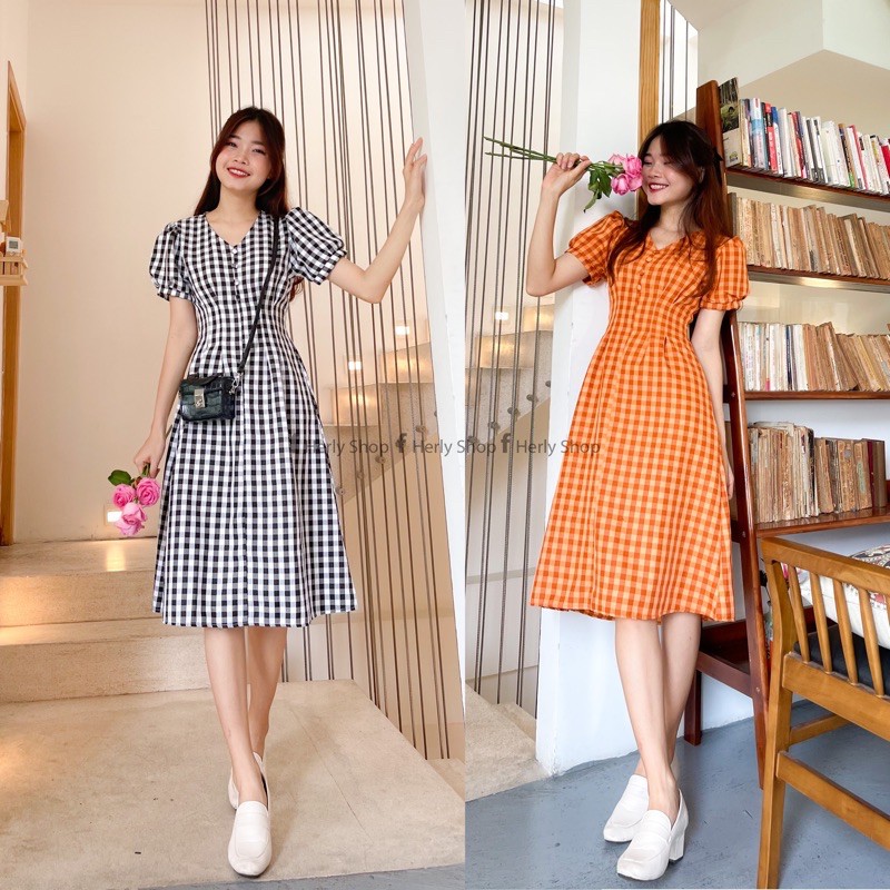 ĐẦM MIDI CỔ V PHỐI NÚT