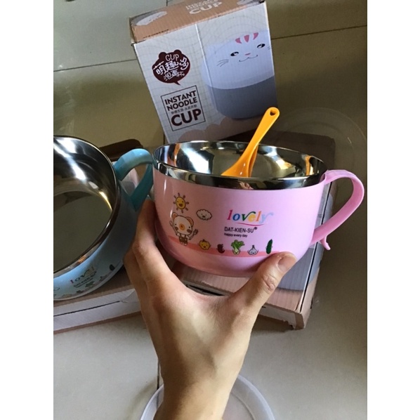 Bát ăn dặm inox cách nhiệt cho bé kèm nắp và thìa 15cm