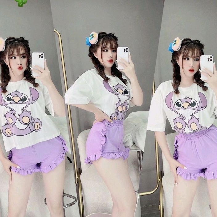 Sét bộ quần bèo TÍM kết hợp áo thun phôm rộng in hình PC