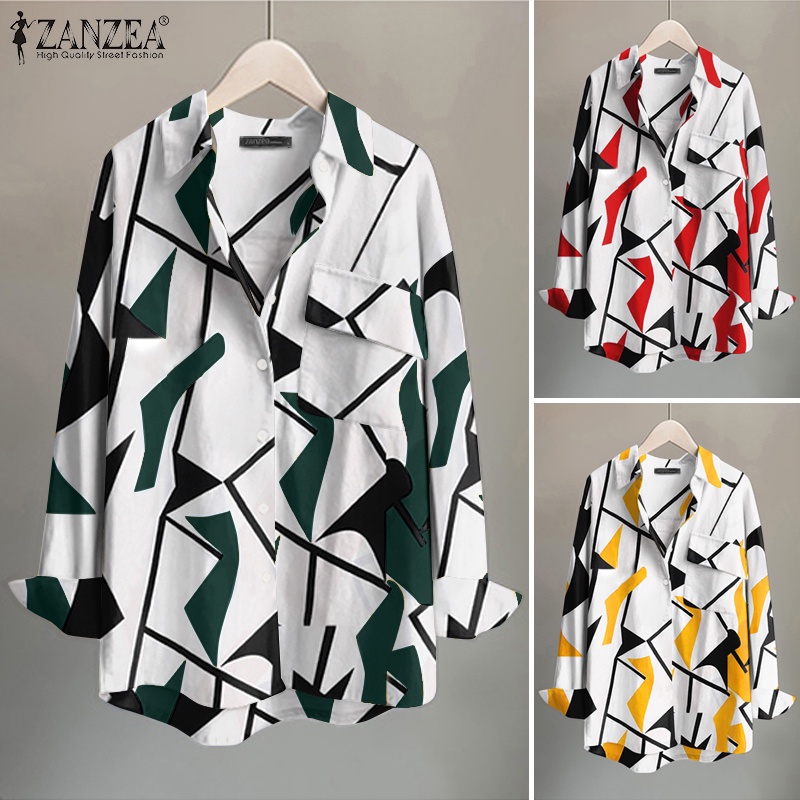 Áo sơ mi Zanzea tay dài có túi họa tiết hình học dành cho nữ