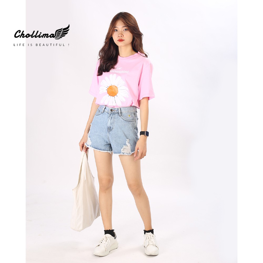 Quần short jeans nữ Chollima tua lai thêu hoa cúc QS003 phong cách hàn quốc