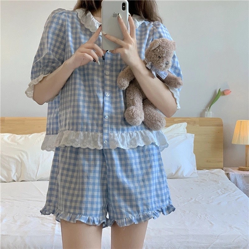 New Summer 2022 Women's New Summer Sweet Plaid Two-Piece Pajamas
