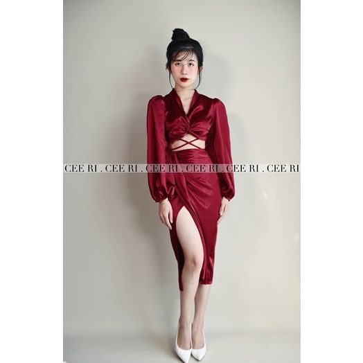 Váy lụa đan chéo bụng màu trắng / đen / nude
