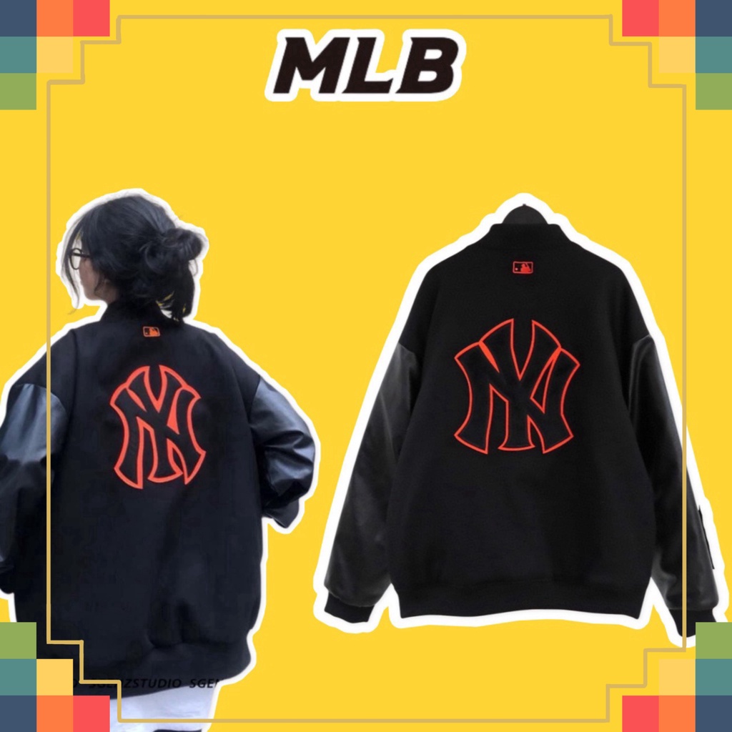 !! Áo khoác Bomber Varsity M.L.B Ny Thêu Logo Cam form rộng Phối Tay Da !!