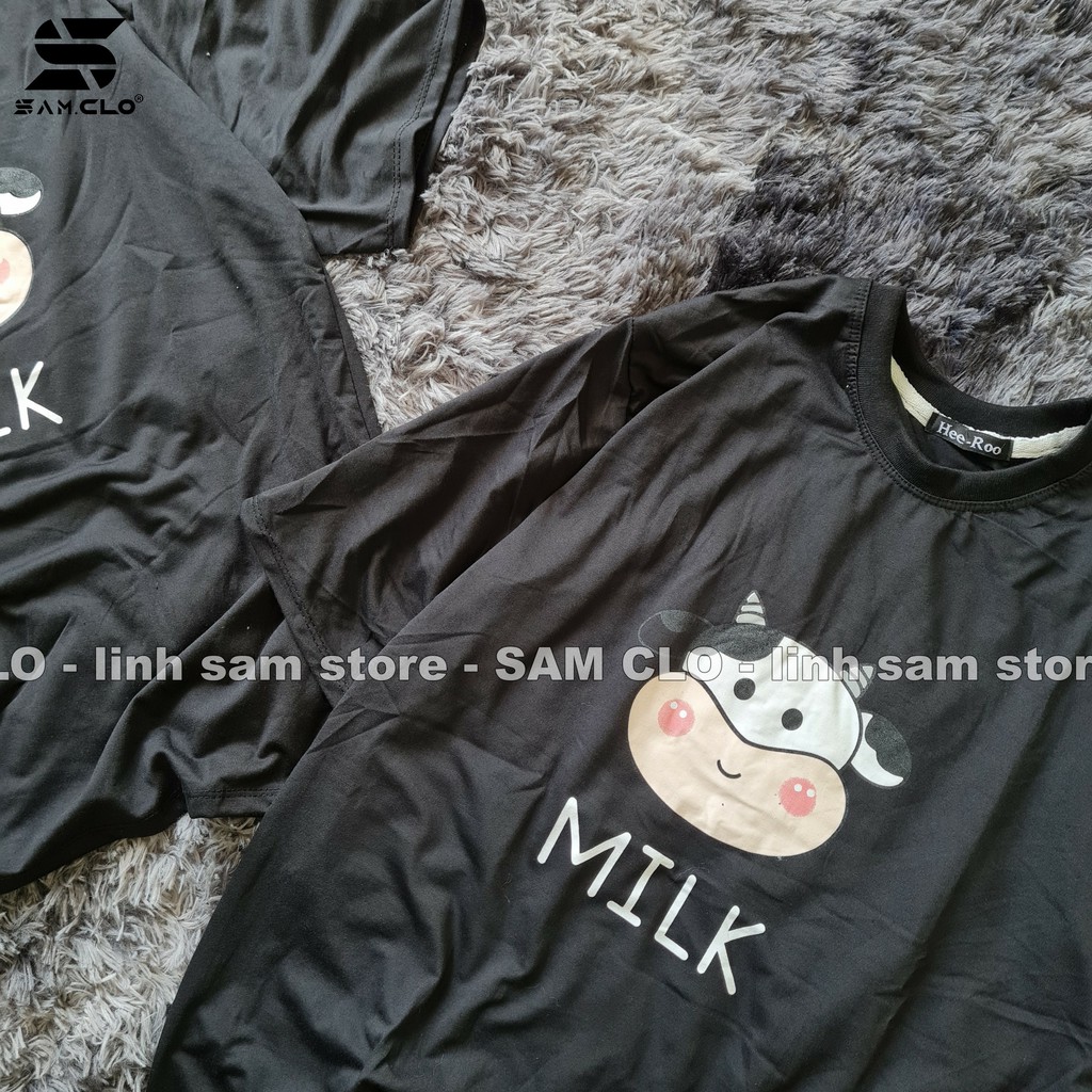 Áo thun nữ tay lỡ SAM CLO freesize phông form rộng dáng Unisex, mặc lớp, nhóm, couple in chữ MILK hình ĐẦU BÒ